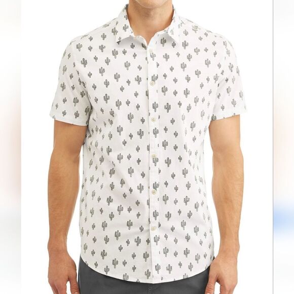 Big Men's 2XL Slim Fit White Short Sleeve Top Cactus Printed Button Down Shirt - Picture 2 of 12